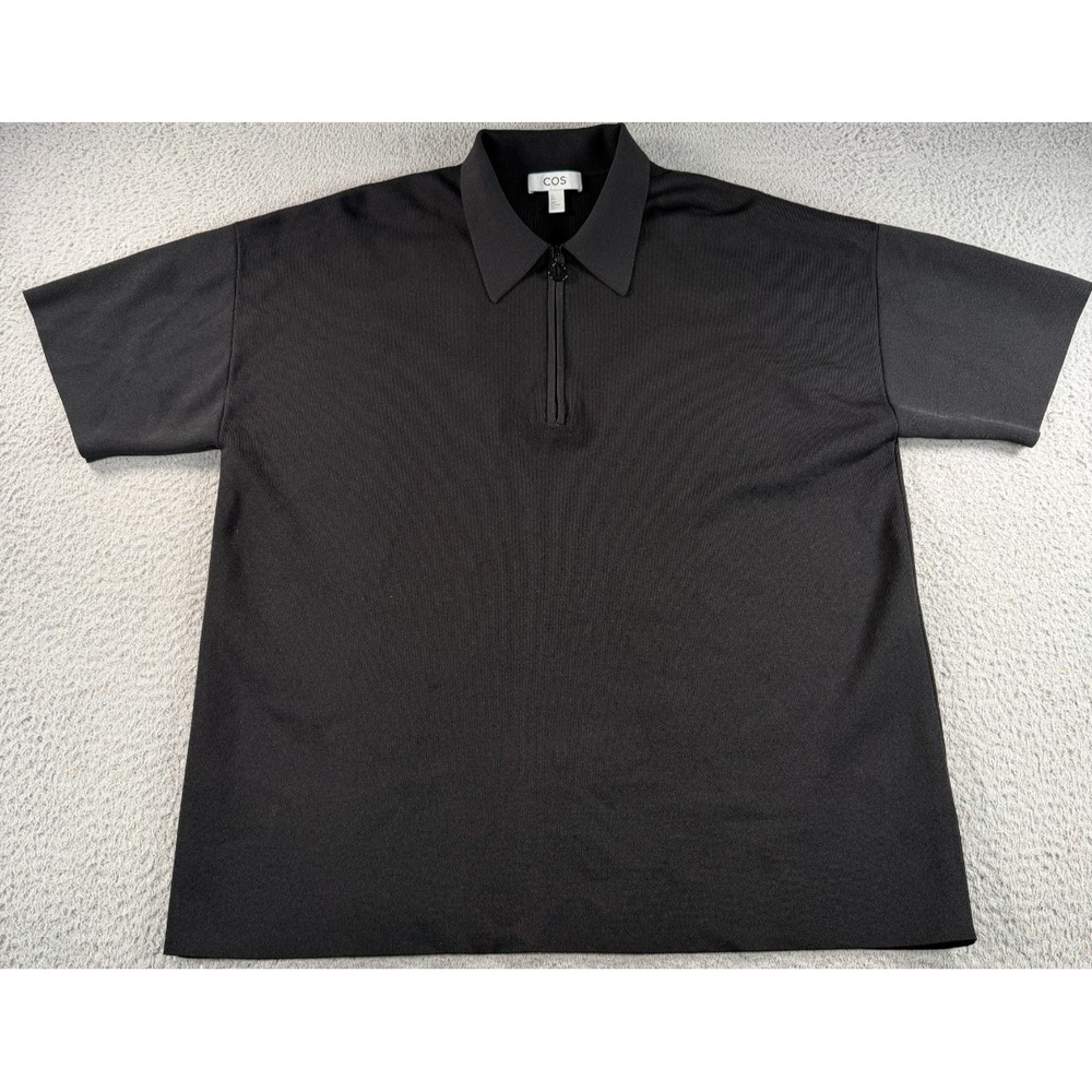 COS Polo Shirt Mens Large Black Half Zip Collar Short Sleeve Casual Designer